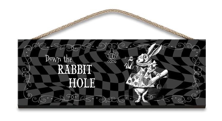 Alice in wonderland Down the Rabbit Hole hanging wooden sign 