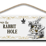 Alice in wonderland Down the Rabbit Hole hanging wooden wall sign 