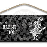 Alice in wonderland Down the Rabbit Hole wooden hanging wall sign 