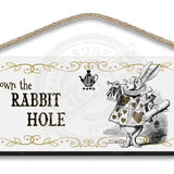 Alice in wonderland Down the Rabbit Hole hanging wooden wall sign 