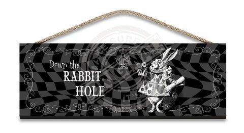 Alice in wonderland Down the Rabbit Hole hanging wooden sign 