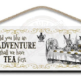 Alice in wonderland Adventure or Tea first hanging wooden wall sign 