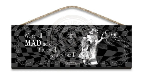 Alice in wonderland we're all mad Cheshire cat metal wall sign 