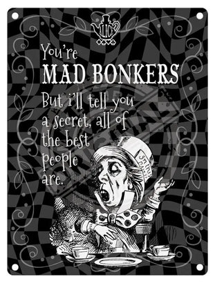 Alice in wonderland mad bonkers metal wall sign 