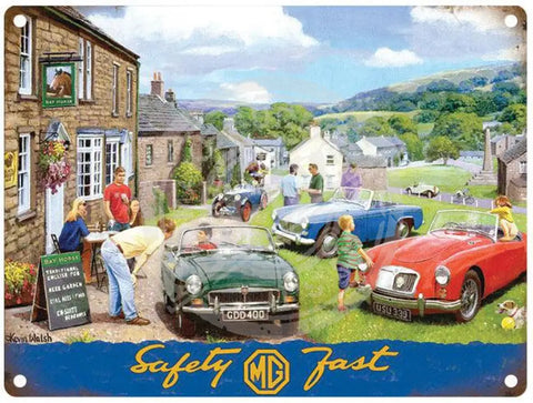 Kevin Walsh MG Safety Fast. MG cars in village.