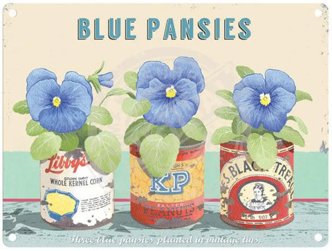 Blue Pansies in vintage tins metal sign