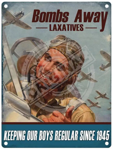 Bombs Away laxatives vintage metal sign