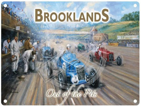 Brooklands out of the pits vintage metal sign by Kevin Walsh