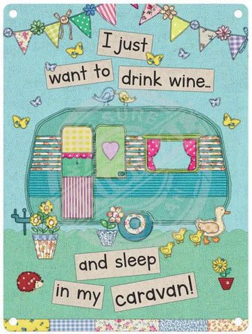 I just want to drink wine and sleep in my caravan metal sign