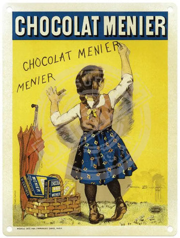 Chocolat Menier girl writing on wall metal sign