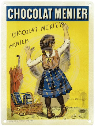 Chocolat Menier girl writing on wall metal sign