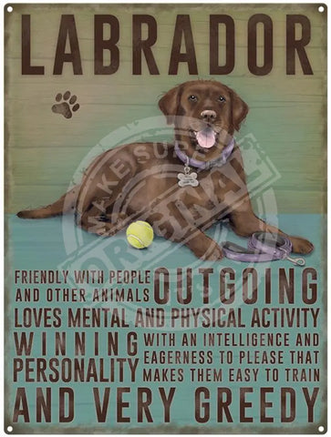 Labrador dog characteristics metal sign