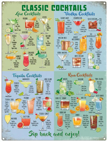 Classic Cocktail Recipes metal sign
