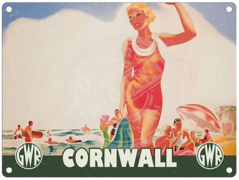 GWR Cornwall beach scene girl in orange swimsuit