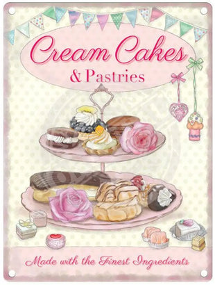 Cakes and pastries on Cake stand metal sign