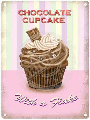 Chocolate cupcake with a flake metal sign