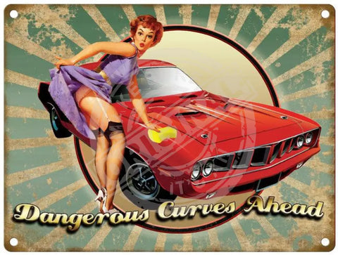 Dangerous Curves ahead retro pin up girl red muscle car