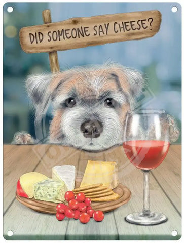 Dog looking at wine and cheese metl sign