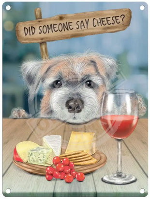 Dog looking at wine and cheese metl sign