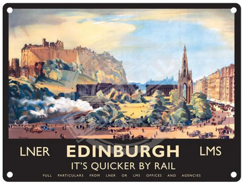 Edinburgh quicker by rail vintage metal sign