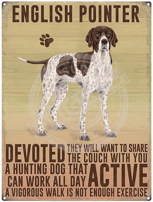 English Pointer dog characteristics metal sign