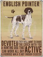 English Pointer dog characteristics metal sign