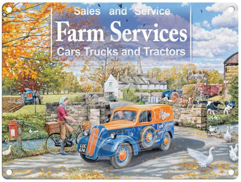 Farm services country scene metal sign