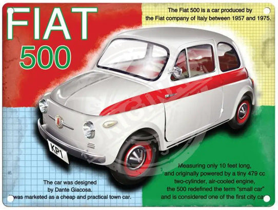 White Fiat 500 metal sign