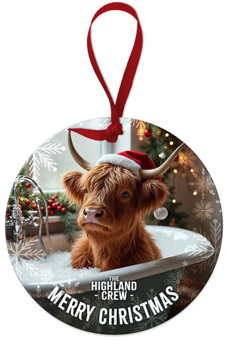 HIGHLAND CREW CHRISTMAS - Cow In Bath Round Dangler Metal Signs