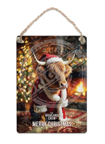 HIGHLAND CREW - Christmas Cow Log Fire Fridge Magnet Metal Signs