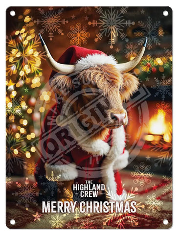 HIGHLAND CREW - Christmas Cow Log Fire Fridge Magnet Metal Signs