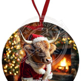 HIGHLAND CREW - Christmas Cow Log Fire Round Metal Dangler 75mm diameter Metal Signs