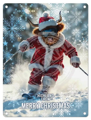 HIGHLAND CREW - Christmas Cow Skiing Fridge Magnet Metal Signs