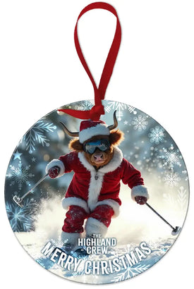 HIGHLAND CREW CHRISTMAS - Cow Skiing Round Dangler Metal Signs