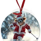 HIGHLAND CREW - Christmas Cow Skiing Round Metal Dangler 75mm diameter Metal Signs