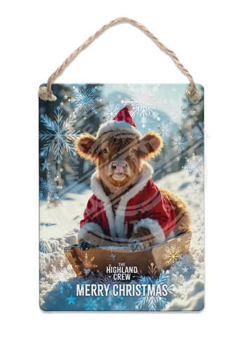 HIGHLAND CREW - Christmas Cow Sledging Fridge Magnet Metal Signs