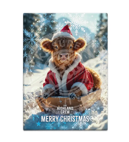 HIGHLAND CREW - Christmas Cow Sledging Fridge Magnet Metal Signs