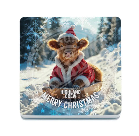 HIGHLAND CREW - Christmas Cow Sledging Fridge Magnet Metal Signs