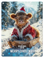 HIGHLAND CREW - Christmas Cow Sledging Mini Metal Sign 15cm x 20cm Metal Signs