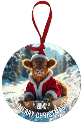 HIGHLAND CREW CHRISTMAS - Cow Sledging Round Dangler Metal Signs