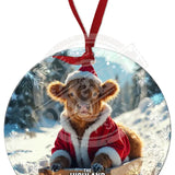 HIGHLAND CREW - Christmas Cow Sledging Round Metal Dangler 75mm diameter Metal Signs