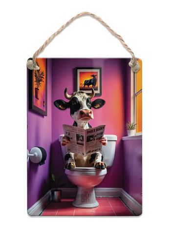 HIGHLAND CREW - DAIRY COW - On Toilet Purple Fridge Magnet Metal Signs