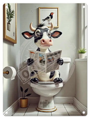 HIGHLAND CREW - DAIRY COW - On Toilet White Fridge Magnet Metal Signs