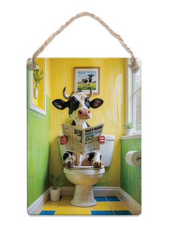 HIGHLAND CREW - DAIRY COW - On Toilet Yellow Fridge Magnet Metal Signs