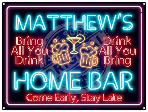 Personalised 'neon look' Home Bar metal sign