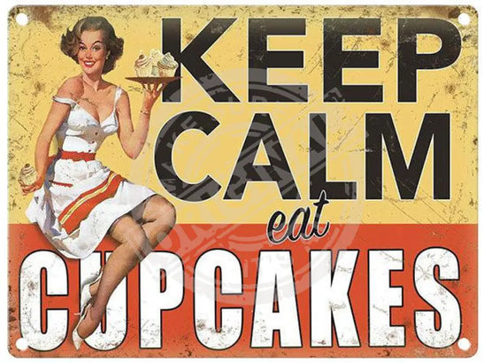 Keep Calm Eat Cupcakes (Woman White Dress) Metal Signs