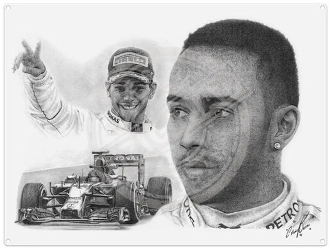 Lewis Hamilton illustration by Chris Burns metal sign