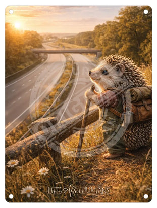 LIFE AFTER HUMANS - Hedgehog Motorway Mini Metal Sign 15cm x 20cm Metal Signs