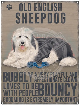 Old English Sheepdog characteristics metal sign