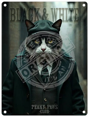 Peaky Paws Club - Black & White Cat Metal Signs